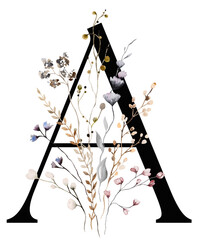Black capital letter A with brown autumn watercolor wildflowers and leaves, isolated illustration