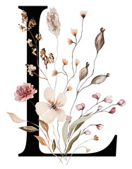 Black capital letter L with brown autumn watercolor wildflowers and leaves, isolated illustration