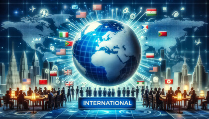 3D illustration of a digital interface with 'INTERNATIONAL' at the center, surrounded by global landmarks, and people from different countries interacting. - obrazy, fototapety, plakaty