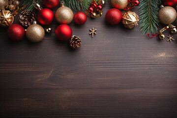 Fondo navideño de madera con decoración bola de navidad piña, rama de abeto - obrazy, fototapety, plakaty