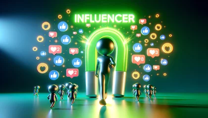 Poster Magnetic Influence: A 3D Character Attracting Digital Affection & Audience Engagement. word 'INFLUENCER' glowing prominently in neon green. magnetic attraction of influencers on audiences. © Bartek