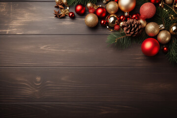 Fondo navideño de madera con decoración bola de navidad piña, rama de abeto - obrazy, fototapety, plakaty