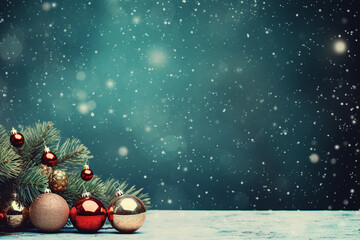 Fondo navideño color verde nevado con bolas de navidad decorativas y copos de nieve con espacio para texto - obrazy, fototapety, plakaty