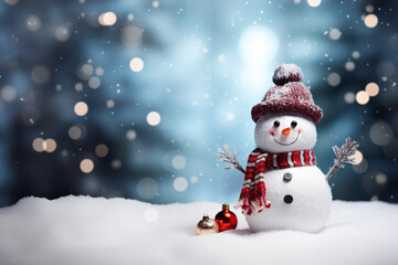Naklejka na ściany i meble Muñeco de nieve navideño vestido con gorro y bufanda sobre fondo nevado azul