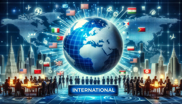 3D Illustration Of A Digital Interface With 'INTERNATIONAL' At The Center, Surrounded By Global Landmarks, And People From Different Countries Interacting.