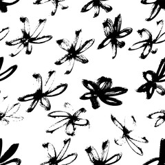 Dry Brush Flower Seamless Pattern. Hand Drawn Artwork Background.