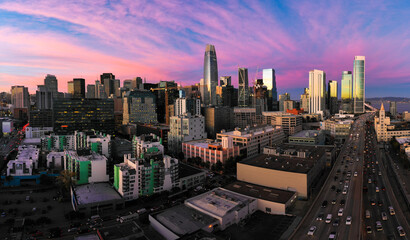 Panoramic View of Downtown San Francisco Skyline / Cityscape at Dusk / Colorful Skies