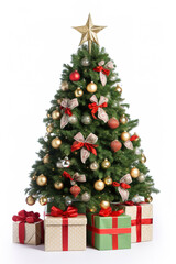 decorated christmas tree with gifts on isolated white background