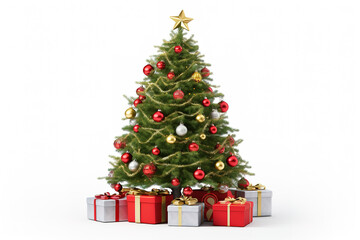decorated christmas tree with gifts on isolated white background
