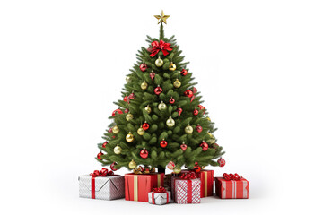 decorated christmas tree with gifts on isolated white background