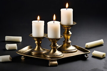 Vintage brass candlesticks with burning candles and small candles lying on the table on a black background. photo created using the Leonardo AI platform