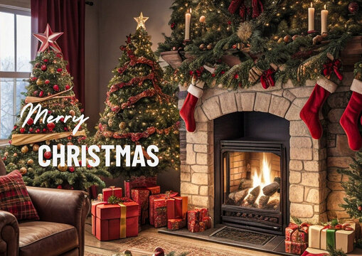 merry christmas card, christmas tree with lights, christmas background. christmas tree and decorations, living room with fire place