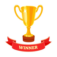 Golden winner cup with red ribbon. Champion s Award. First place prize