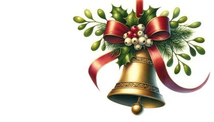 Watercolor painting showcasing a Christmas bell adorned with mistletoe and a ribbon. The bell is strategically placed on the left side of the frame, leaving a generous space on the right for messages.
