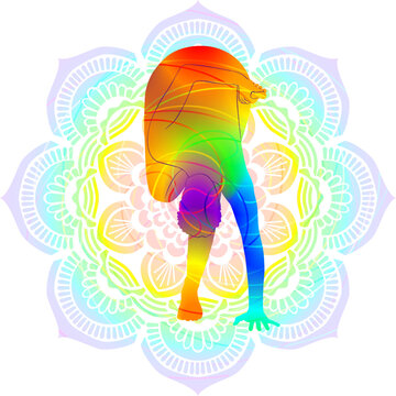 Colorful silhouette of Ardha Baddha Padmottanasana. Standing Half Bound Lotus Forward Bend pose. Isolated vector illustration on Mandala background.