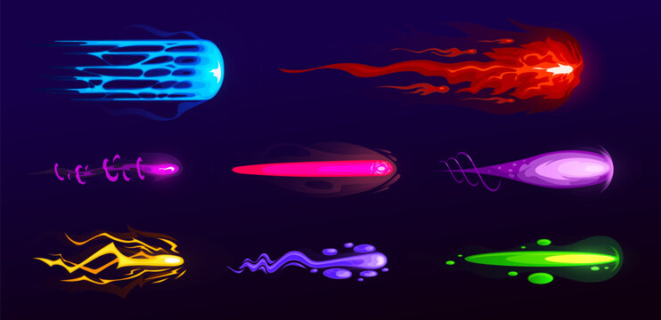 Vector cartoon illustration set of blasters laser or plasmic beams, cosmic shoots, objects for the game sooting, cartoon illustration set, color smoke