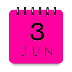 3 day of the month. June. Pink calendar daily icon. Black letters. Date day week Sunday, Monday, Tuesday, Wednesday, Thursday, Friday, Saturday. Cut paper. White background. Vector illustration.
