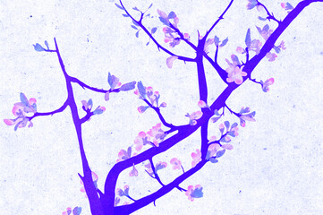 Ilustracja gałęzie kwitnący konar ukwiecone drzewo na jasne tło retro.
