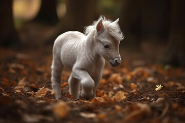 Small white pony foal in autumn forest on a sunny day.