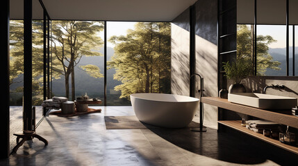 Fototapeta premium A sleek and minimalist bathroom with floor-to-ceiling windows, offering a view of nature and plenty of natural light