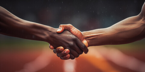 Multiracial runners in a modern handshake to show each other friendship and respect against racism - Fair competition and sport concept, generative ai