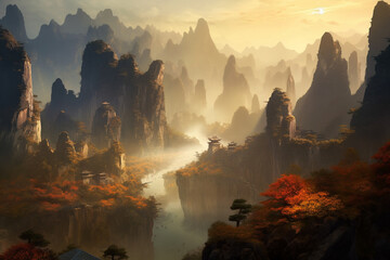 Landscape view of karst mountains and river at sunset in China