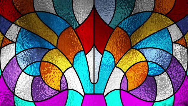 Animated colorful modern looping stained glass window. Art Deco. Sketch. Multicolor light. Animation footage. Modern classic stained glass. Colored glass texture. Architecture. Motion of light. 4K