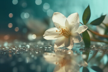 Beautiful white jasmine flower with water drops on dark background