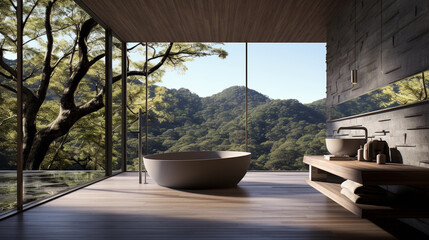A sleek and minimalist bathroom with floor-to-ceiling windows, offering a view of nature and plenty of natural light