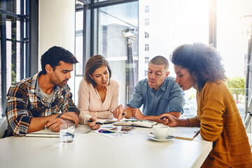 Editor, planning and teamwork in business meeting, office or press newspaper with writers in...