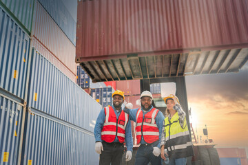 Portrait of Engineer or foreman team pointing up the future  with cargo container background at...
