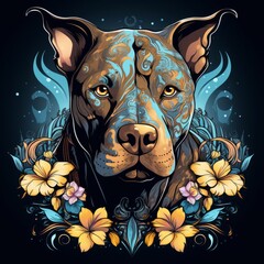 Abstract Pitbull dog head with decorative ornaments elements with intricate mandalas on black background for logo, T-shirt design and tattoo	