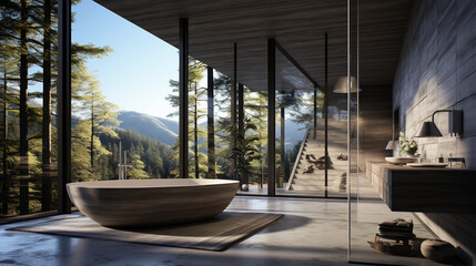 A sleek and minimalist bathroom with floor-to-ceiling windows, offering a view of nature and plenty of natural light