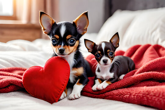 Cute little puppies in a fluffy light blanket and a small red plush heart. Image for a veterinary clinic or pet store. photo created using the Playground AI platform.