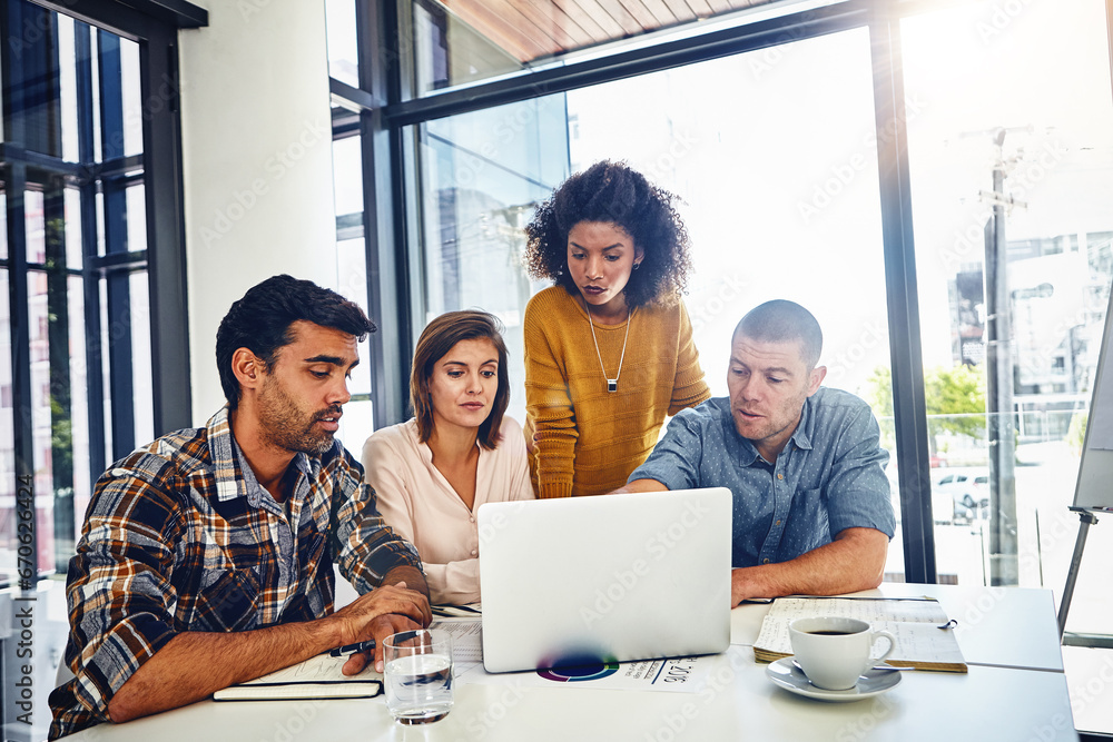 Poster team, planning and web designer in office with laptop, market research or problem solving in develop