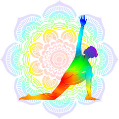 Colorful silhouette of Utthita Parivritta Anjaneyasana. Revolved Crescent Lunge on the Knee with Arms Extended. Isolated vector illustration. .Mandala