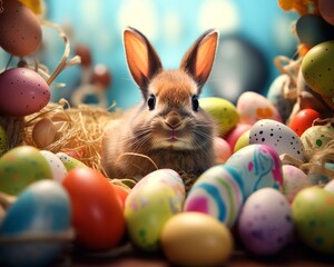 Fototapeta na wymiar cute easter bunny with colorful eggs