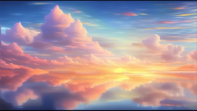 A dramatic cloudscape painting depicting vivid oranges, reds, and purples during a sunset over the ocean, with soft, ethereal clouds slowly drifting across a hazy sky.