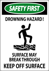 Safety First Sign Drowning Hazard - Surface May Break Through, Keep Off Surface