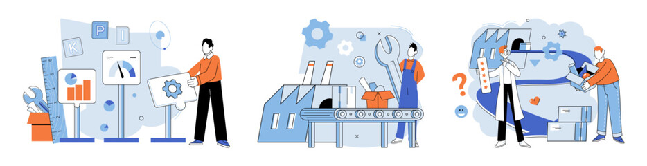 Manufacturer model. Vector illustration. The manufacturer employs systematic approach to design and construction Effective implementation new technologies can revolutionize manufacturing The companys