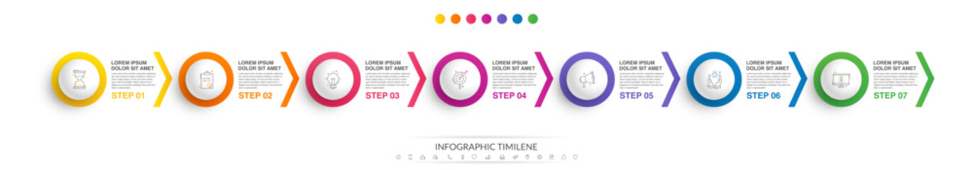 Business vector infographic design template. Circle timeline with icons and 7 seven arrows or steps. Used for process diagram, presentations, workflow layout, info graph, banner, flow chart - obrazy, fototapety, plakaty