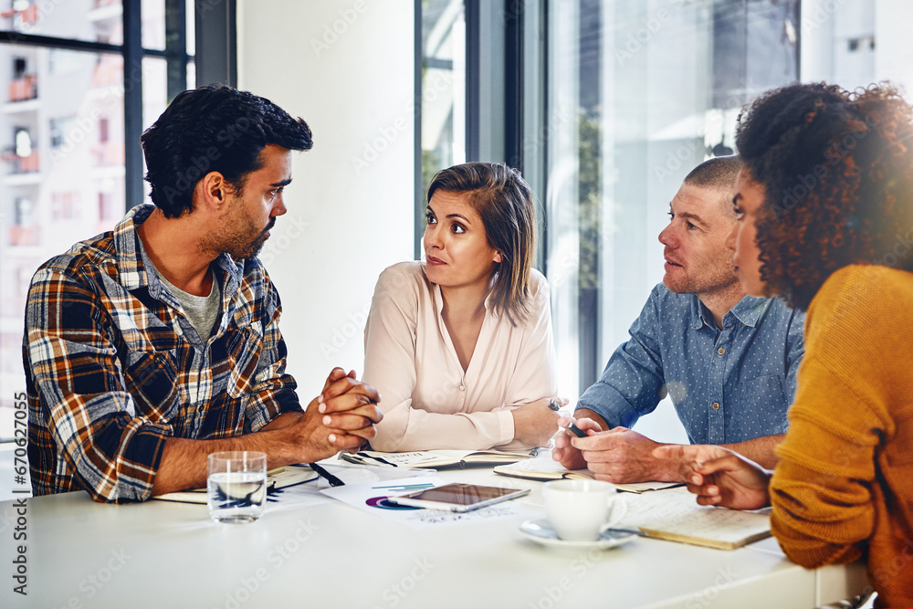 Wall mural Meeting, office and web designer talking of app, development or creative project in London. Website, design and people with online marketing, strategy and planning collaboration together in workplace