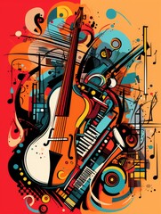 Colorful detailed compositions with lot of musical objects and symbols. International Music Day Poster. 