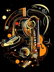 Abstract image of musical instruments on a black background. International Music Day Poster. 