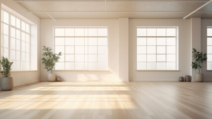 Bright, spacious dance hall in the morning light from the window. Ballet and dance studio. Light...