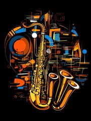 Abstract image of musical instruments on a black background. International Music Day Poster.  - obrazy, fototapety, plakaty