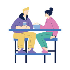 Man and Woman Character at Cafe Table with Coffee Enjoying Aromatic Drink Vector Illustration