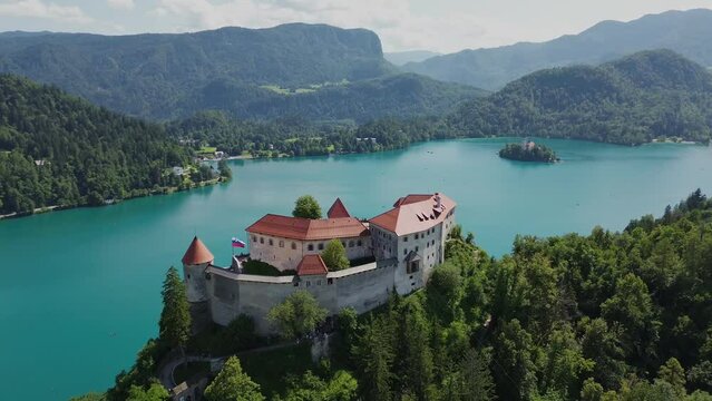 drone video Bled castle slovenia europe	