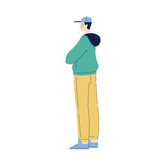 Happy Man Character in Hoody and Cap Standing Vector Illustration