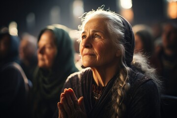 old woman praying to God in church - obrazy, fototapety, plakaty